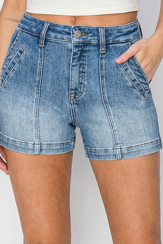 The Desiree Shorts: High Rise Denim Seal Detail Shorts - MomQueenBoutique