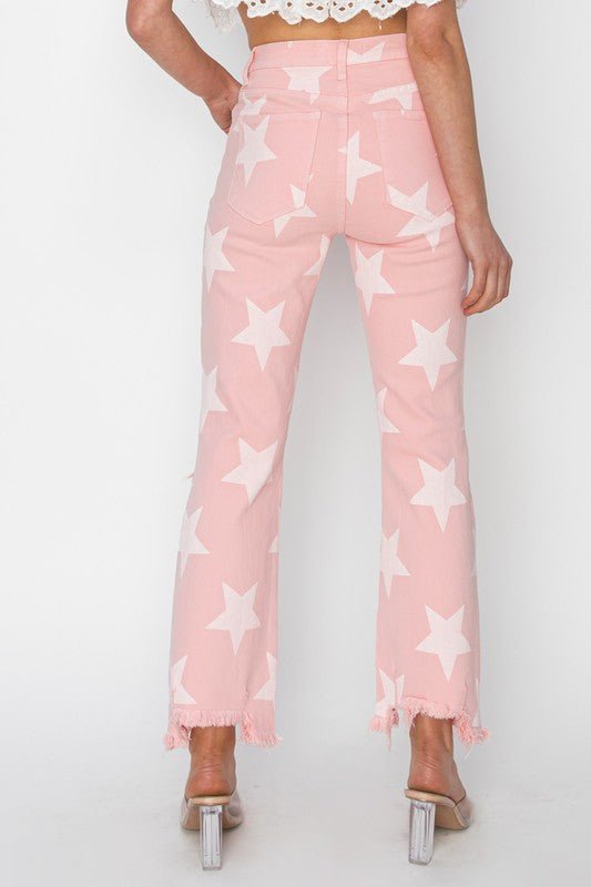 The Starla Jeans: Pink Star Print Cropped Jeans - MomQueenBoutique