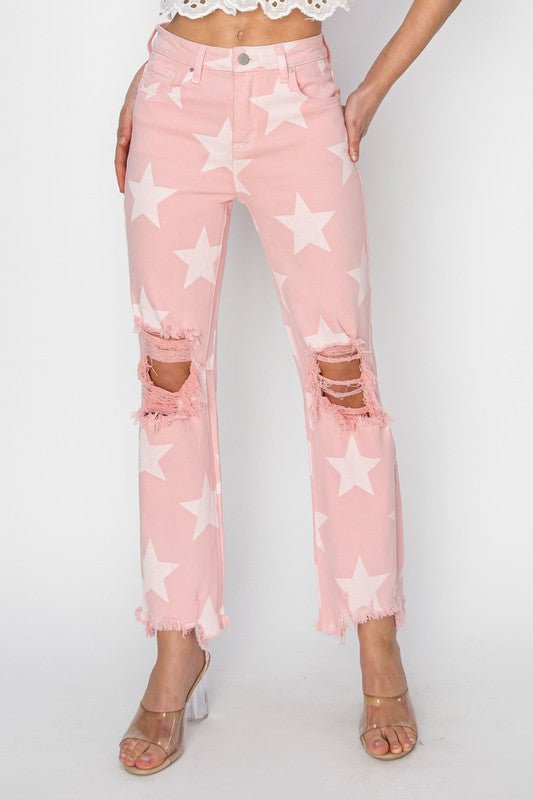 The Starla Jeans: Pink Star Print Cropped Jeans - MomQueenBoutique