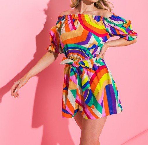 The Brynn Romper: Bright Colorful Off The Shoulder Ruffle Romper - MomQueenBoutique