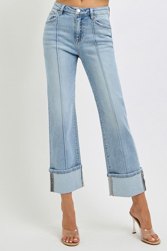 The Jamie Jeans: High Rise Straight Wide Cuff Light Wash Jeans
