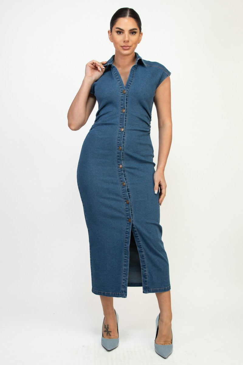 The Saylor Denim Dress: Denim Button-Down Cap Sleeve Maxi Dress MomQueenBoutique The Saylor Denim Dress: Denim Button-Down Cap Sleeve Maxi Dress MomQueenBoutique