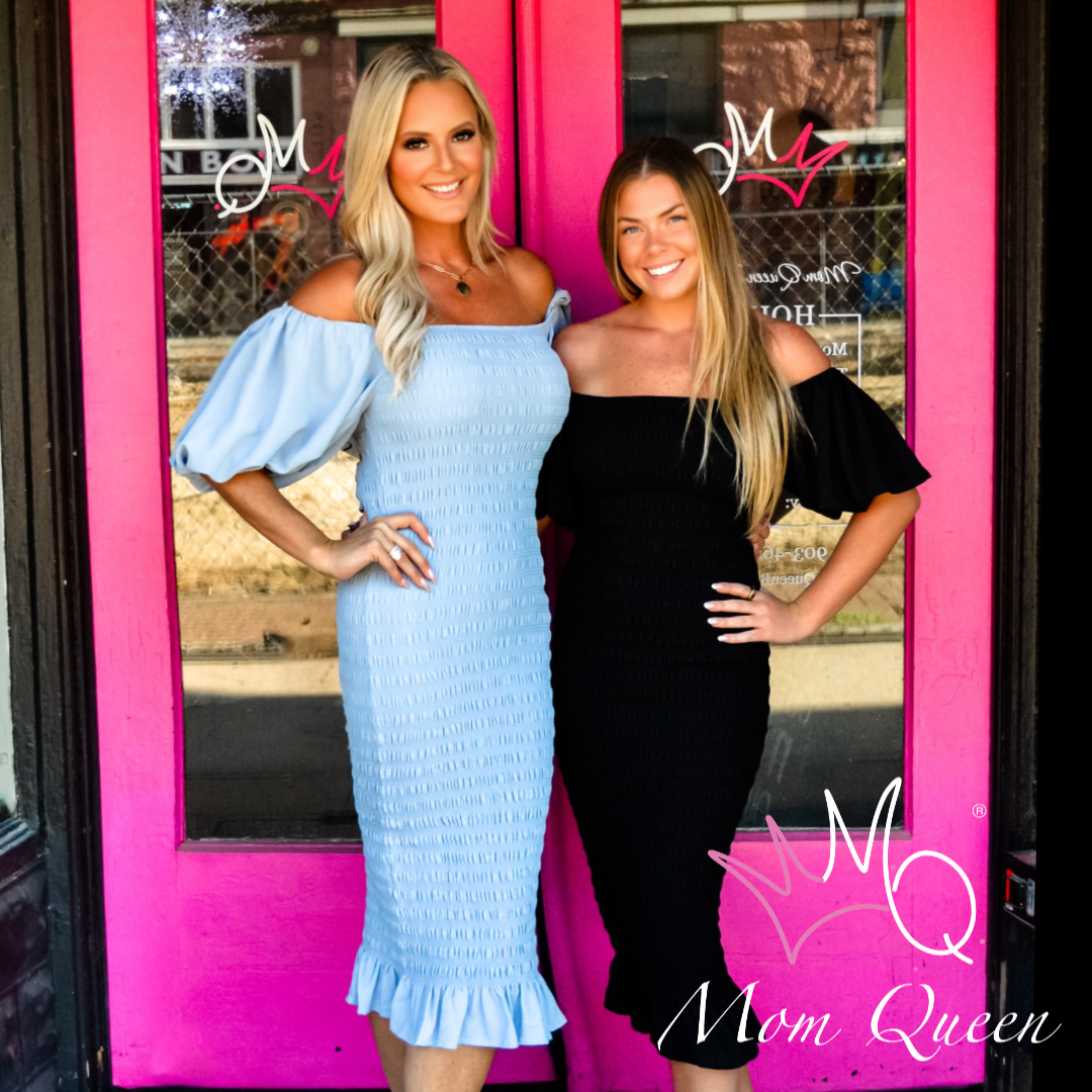 bridgette midi dress The Bridgette Dress: Off The Shoulder Shirred Bodycon Midi Dress–  MomQueenBoutique