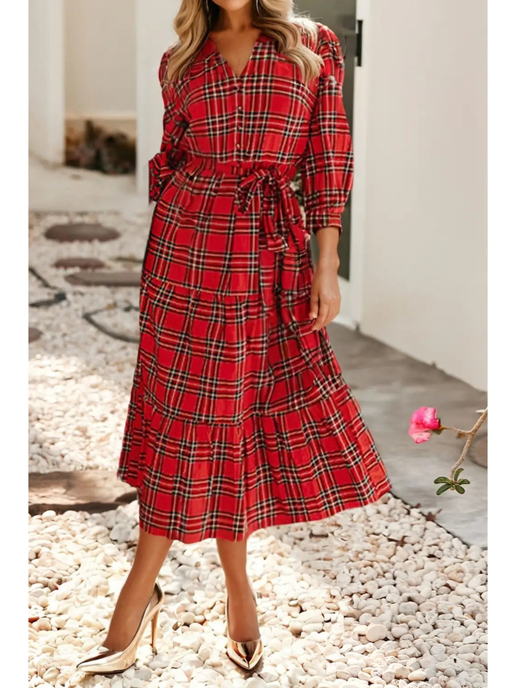 The Cute in Plaid Dress: Plaid V Neck 3/4 Sleeve Tie Waist Ruffle Hem Midi Dress Medium The Cute in Plaid Dress: Plaid V Neck 3/4 Sleeve Tie Waist Ruffle Hem Midi Dress Medium