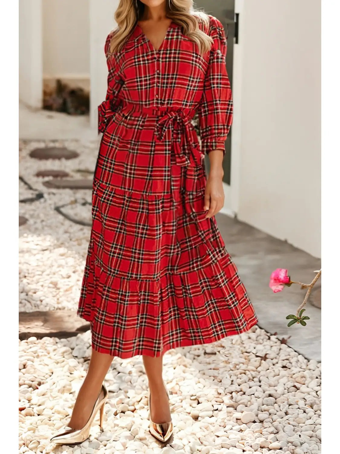 The Cute In Plaid Dress: Plaid V Neck 3/4 Sleeve Tie Waist Ruffle Hem Midi Dress Medium