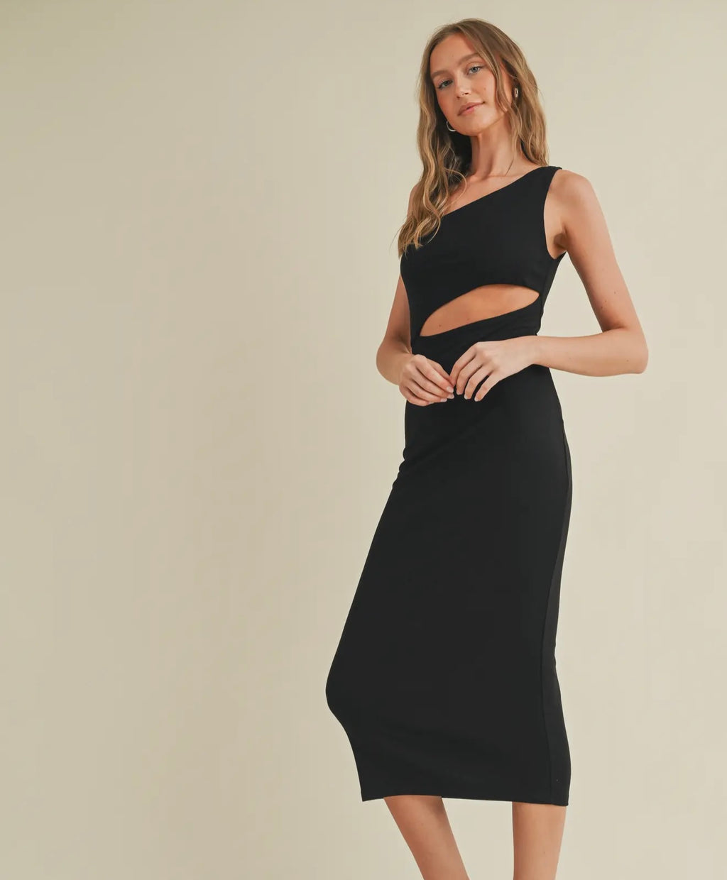 The Selena Dress: Black Cut Out One Shoulder Midi Dress Medium The Selena Dress: Black Cut Out One Shoulder Midi Dress Medium