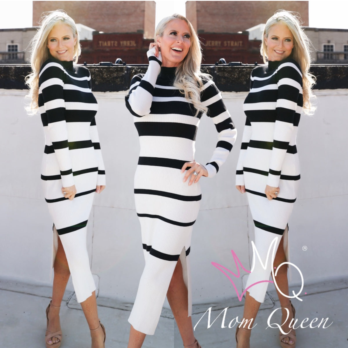 The Christina Sweater Dress: Black & White Striped Bodycon Midi Dress Large
