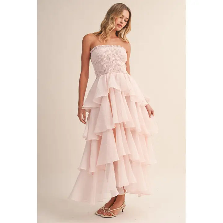 smocked strapless dresses The Laney Dress: Smocked Strapless Tiered Ruffle Maxi Dress Small