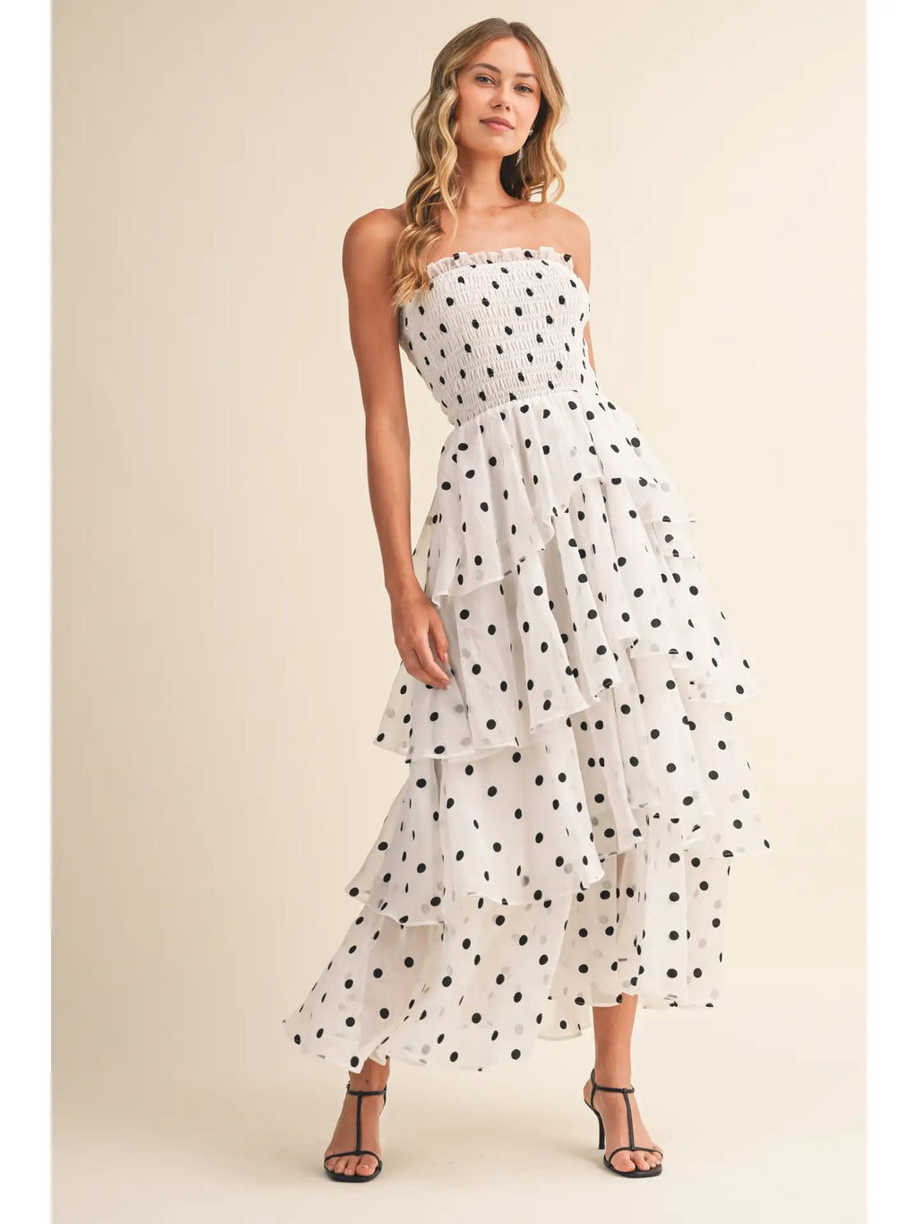 The Olivia Dress: Strapless White & Black Polka Dot Smocked Midi Dress Mom Queen Boutique The Olivia Dress: Strapless White & Black Polka Dot Smocked Midi Dress Mom Queen Boutique