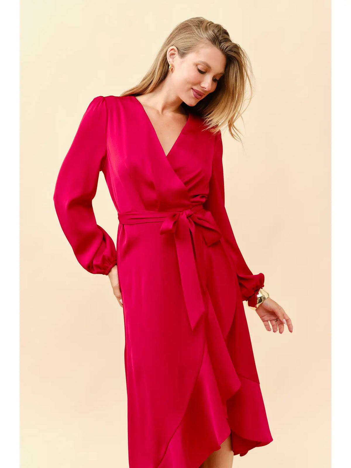 red satin wrap midi dress The Ruth Dress: Satin Ruffle Hem Wrap Midi Dress Large / Red