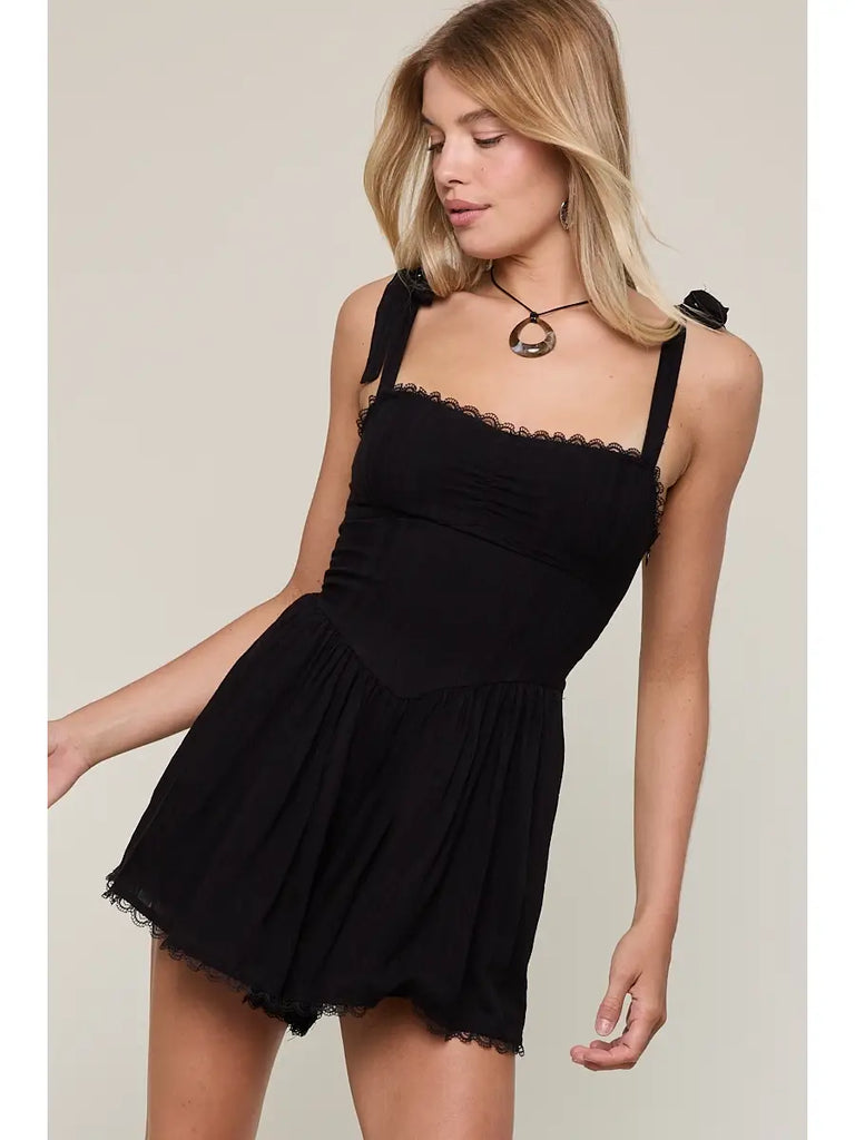 The Larissa Romper: Black Tie Strap Lace Trim Romper– Mom Queen