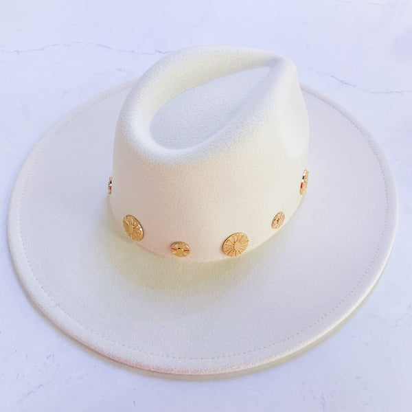 Golden Hat: Cream Gold Studded Wide Brim Hat - MomQueenBoutique