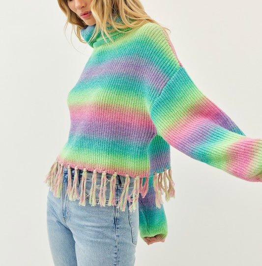 The Addie Sweater: Colorful Striped Sweater With Fringe - MomQueenBoutique