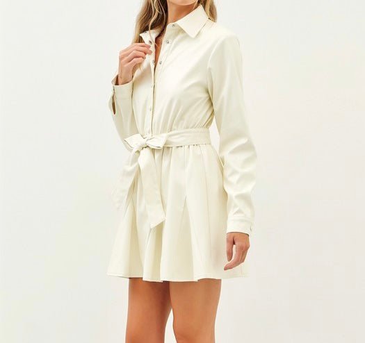 The Andrea Dress: Cream Pleather Button Up Dress - MomQueenBoutique