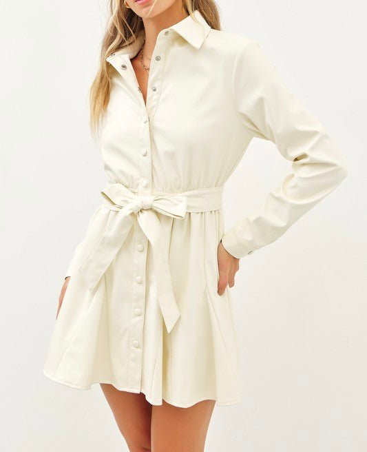 The Andrea Dress: Cream Pleather Button Up Dress - MomQueenBoutique