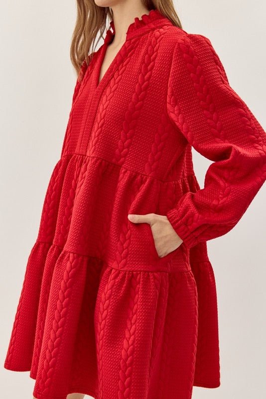 The Angela Dress: Red Quilted Long Sleeve Short Dress With Pockets - MomQueenBoutique