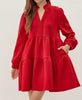 The Angela Dress: Red Quilted Long Sleeve Short Dress With Pockets - MomQueenBoutique