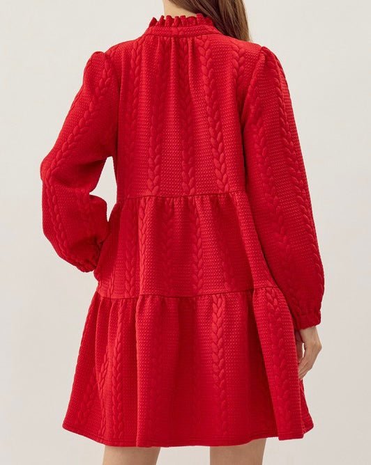 The Angela Dress: Red Quilted Long Sleeve Short Dress With Pockets - MomQueenBoutique