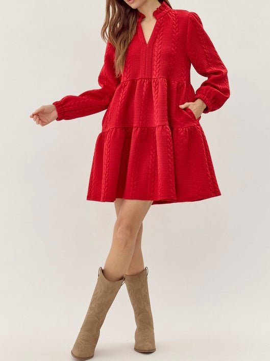 The Angela Dress: Red Quilted Long Sleeve Short Dress With Pockets - MomQueenBoutique