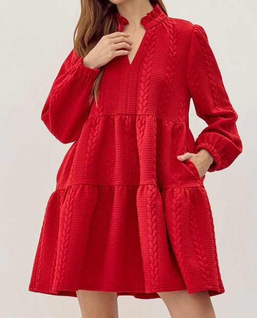 The Angela Dress: Red Quilted Long Sleeve Short Dress With Pockets - MomQueenBoutique