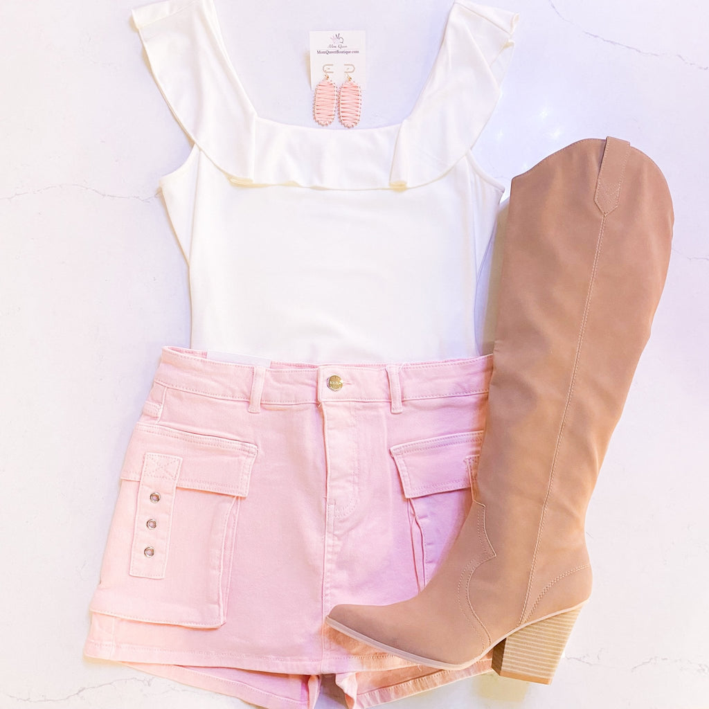 The Anne Skort: Pink Denim Cargo Skort - MomQueenBoutique