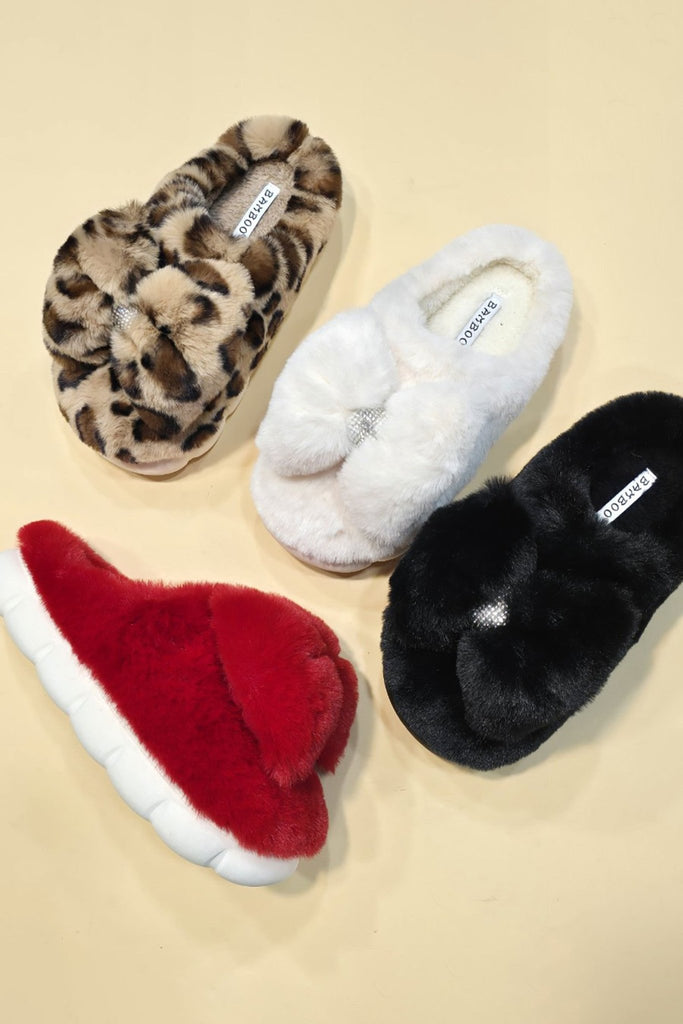 The Big Fluffy Fun Bow Slippers: Leopard and Red Bow Slippers - MomQueenBoutique