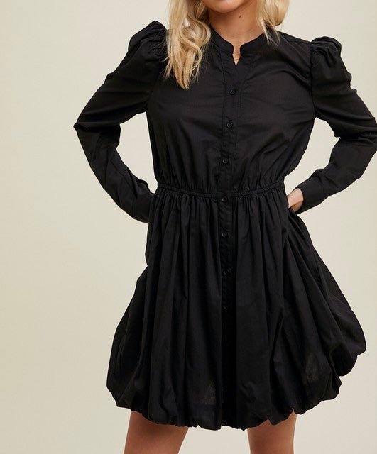 The Briana Dress: Black Long Sleeve Button Up Short Dress - MomQueenBoutique