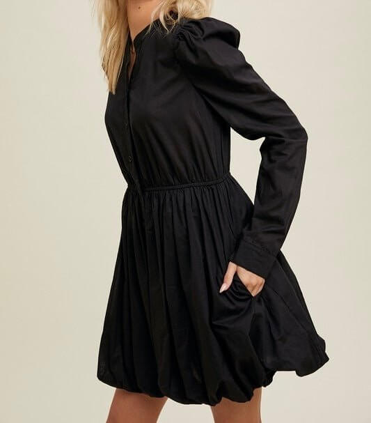 The Briana Dress: Black Long Sleeve Button Up Short Dress - MomQueenBoutique