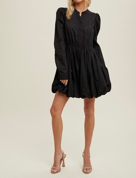 The Briana Dress: Black Long Sleeve Button Up Short Dress - MomQueenBoutique