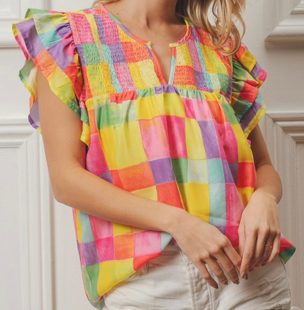 The Brielle Top: Bright Multicolored Ruffled Sleeveless Top - MomQueenBoutique