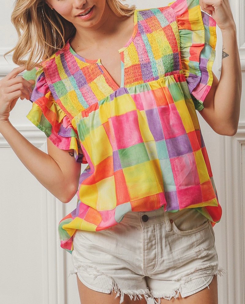 The Brielle Top: Bright Multicolored Ruffled Sleeveless Top - MomQueenBoutique