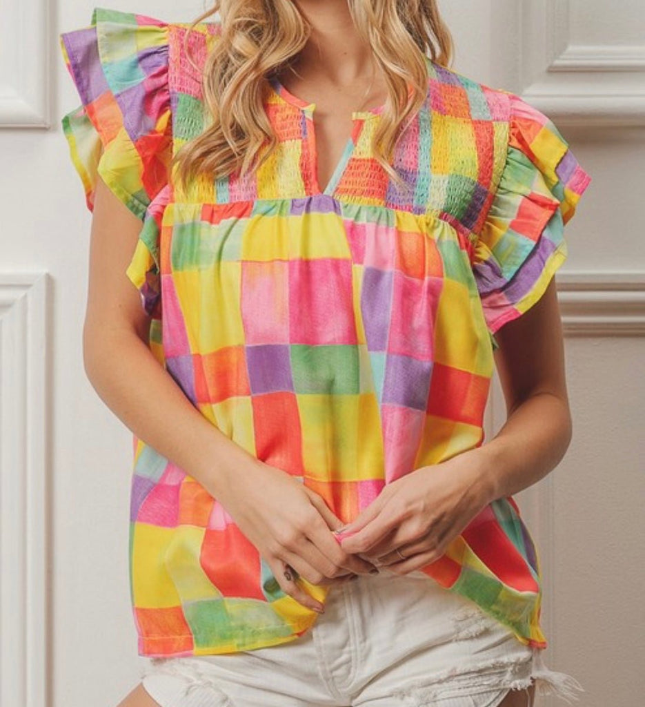 The Brielle Top: Bright Multicolored Ruffled Sleeveless Top - MomQueenBoutique