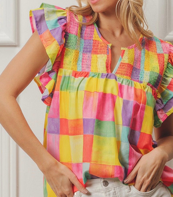 The Brielle Top: Bright Multicolored Ruffled Sleeveless Top - MomQueenBoutique