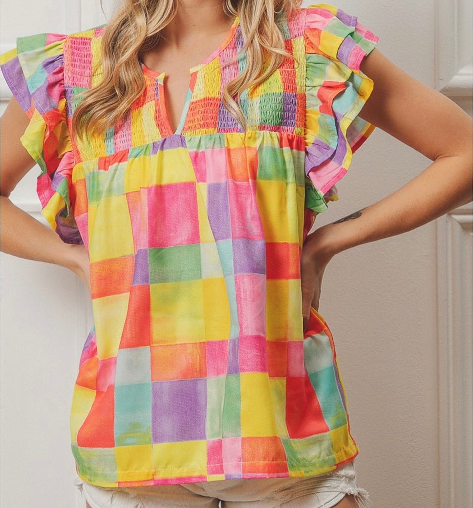 The Brielle Top: Bright Multicolored Ruffled Sleeveless Top - MomQueenBoutique