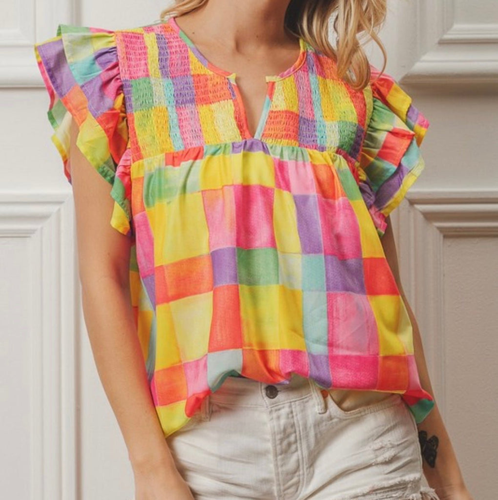 The Brielle Top: Bright Multicolored Ruffled Sleeveless Top - MomQueenBoutique