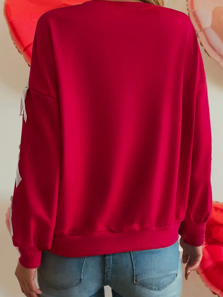 The Carys Sweatshirt: Red Bow Sleeve Sweater - MomQueenBoutique