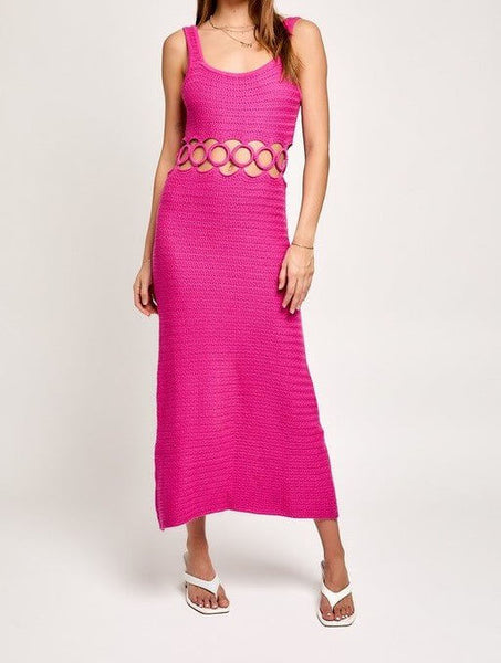 The Chrissy Dress: Crochet Cut Out Midi Dress Pink / Large