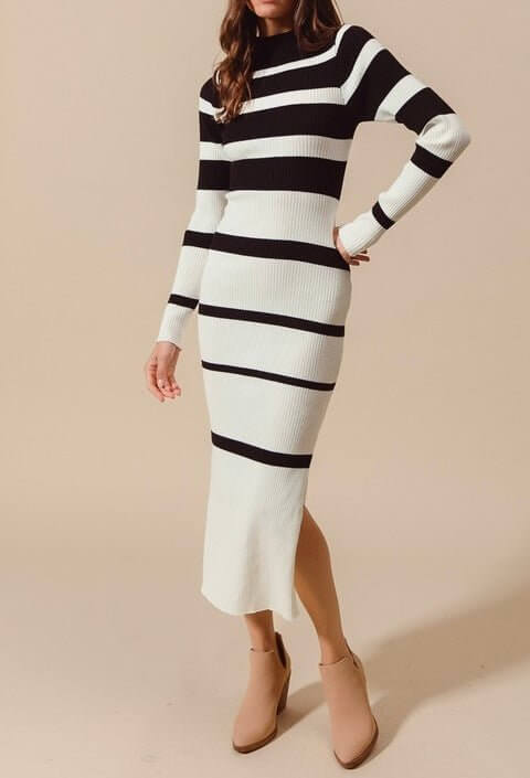 The Christina Sweater Dress: Black & White Striped Bodycon Midi Dress Large The Christina Sweater Dress: Black & White Striped Bodycon Midi Dress Large