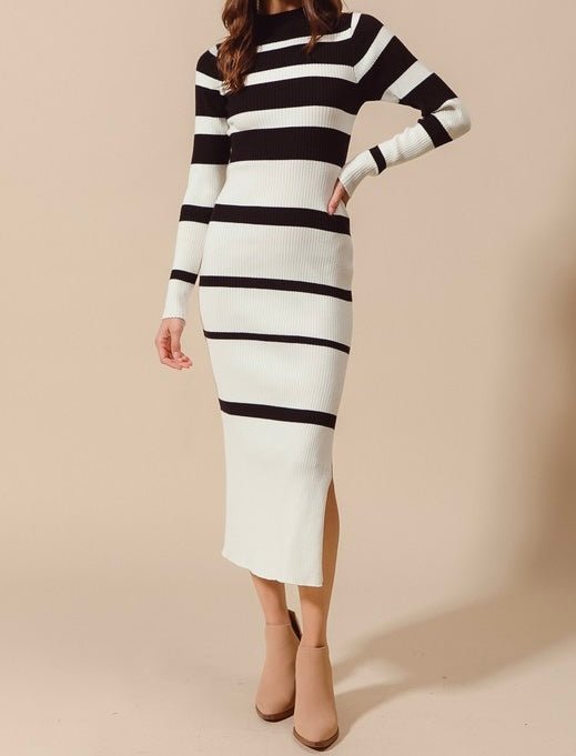 The Christina Sweater Dress: Black & White Striped Bodycon Midi Dress - MomQueenBoutique