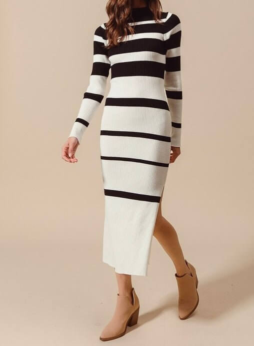 The Christina Sweater Dress: Black & White Striped Bodycon Midi Dress - MomQueenBoutique