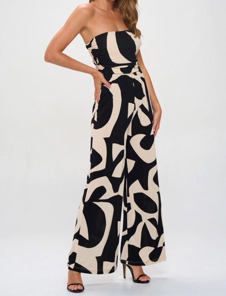 The Clara Jumpsuit: Strapless Geometric Print Wide Leg Jumpsuit - MomQueenBoutique