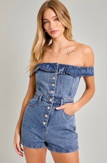 Off the shoulder jean romper best sale