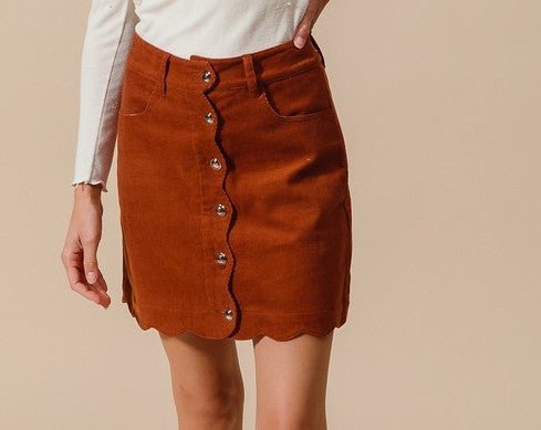 The Corduroy Connie Skirt: Scalloped Rust Corduroy Front Button Skirt - MomQueenBoutique