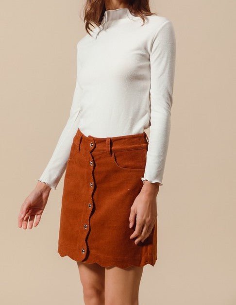 The Corduroy Connie Skirt: Scalloped Rust Corduroy Front Button Skirt - MomQueenBoutique