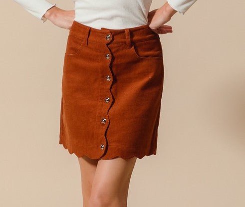 The Corduroy Connie Skirt: Scalloped Rust Corduroy Front Button Skirt - MomQueenBoutique