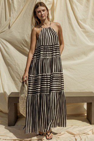 The Cruella Dress: Halter Black & White Striped Maxi Dress - MomQueenBoutique