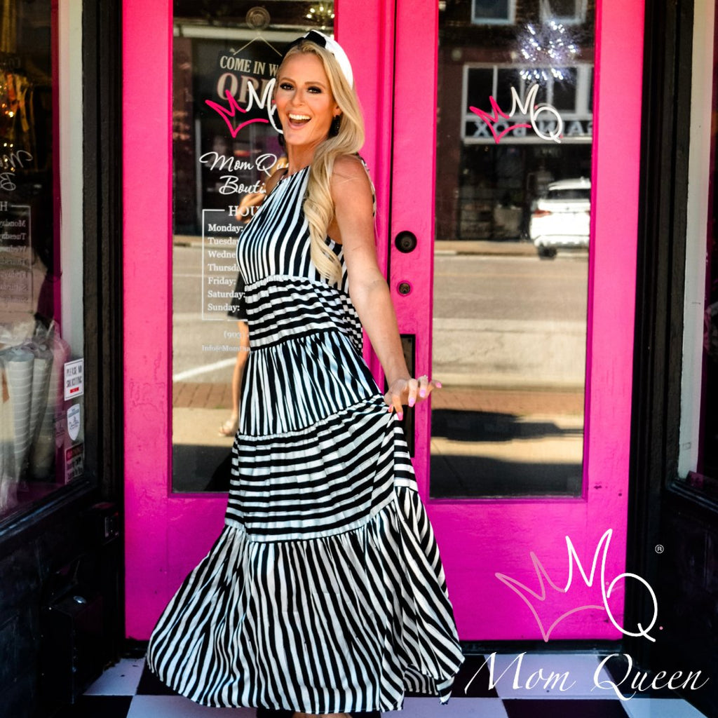 The Cruella Dress: Halter Black & White Striped Maxi Dress - MomQueenBoutique