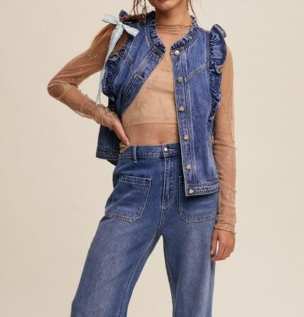 The Destiny Denim Vest: Ruffled Sleeveless Denim Vest - MomQueenBoutique