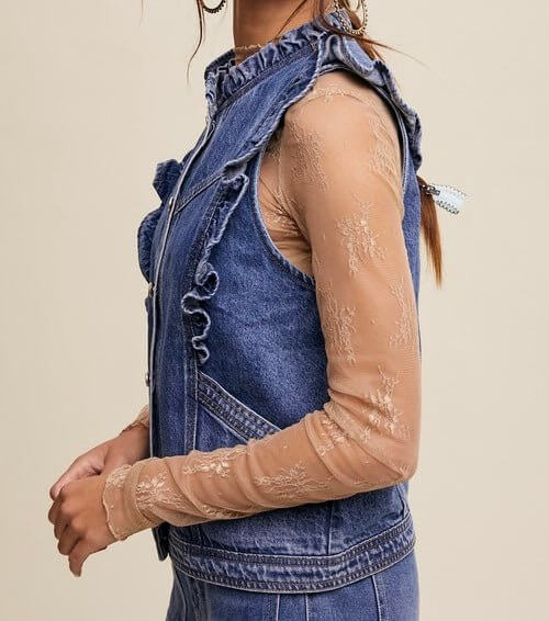 The Destiny Denim Vest: Ruffled Sleeveless Denim Vest - MomQueenBoutique