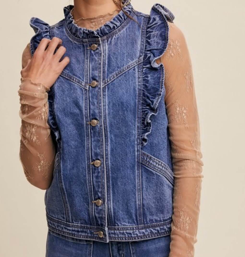 The Destiny Denim Vest: Ruffled Sleeveless Denim Vest - MomQueenBoutique